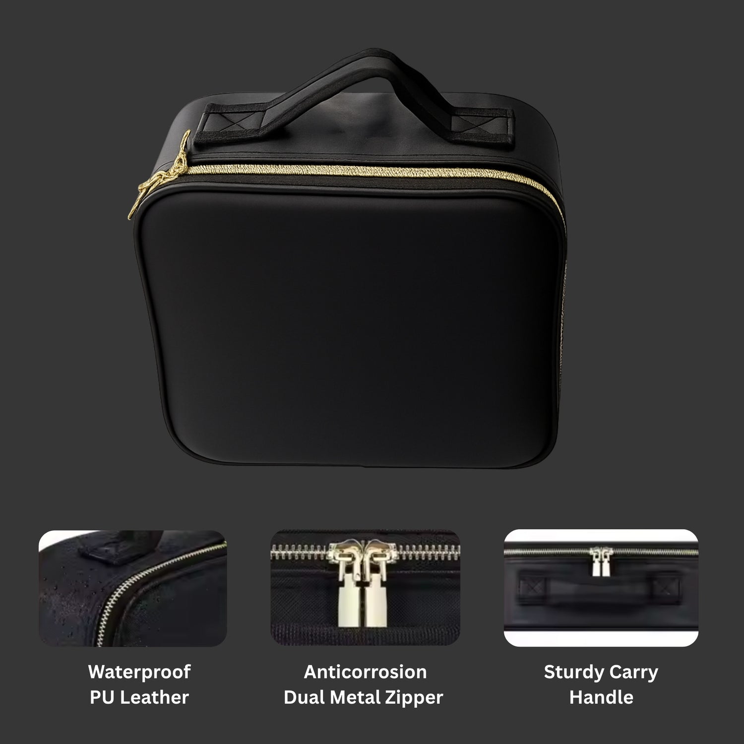 LLUMake Black Carry Case - Diagram showing outer shell is waterproof - dual metal zipper is anticorrosion - has a sturdy carry handle - Beauty Box Shop