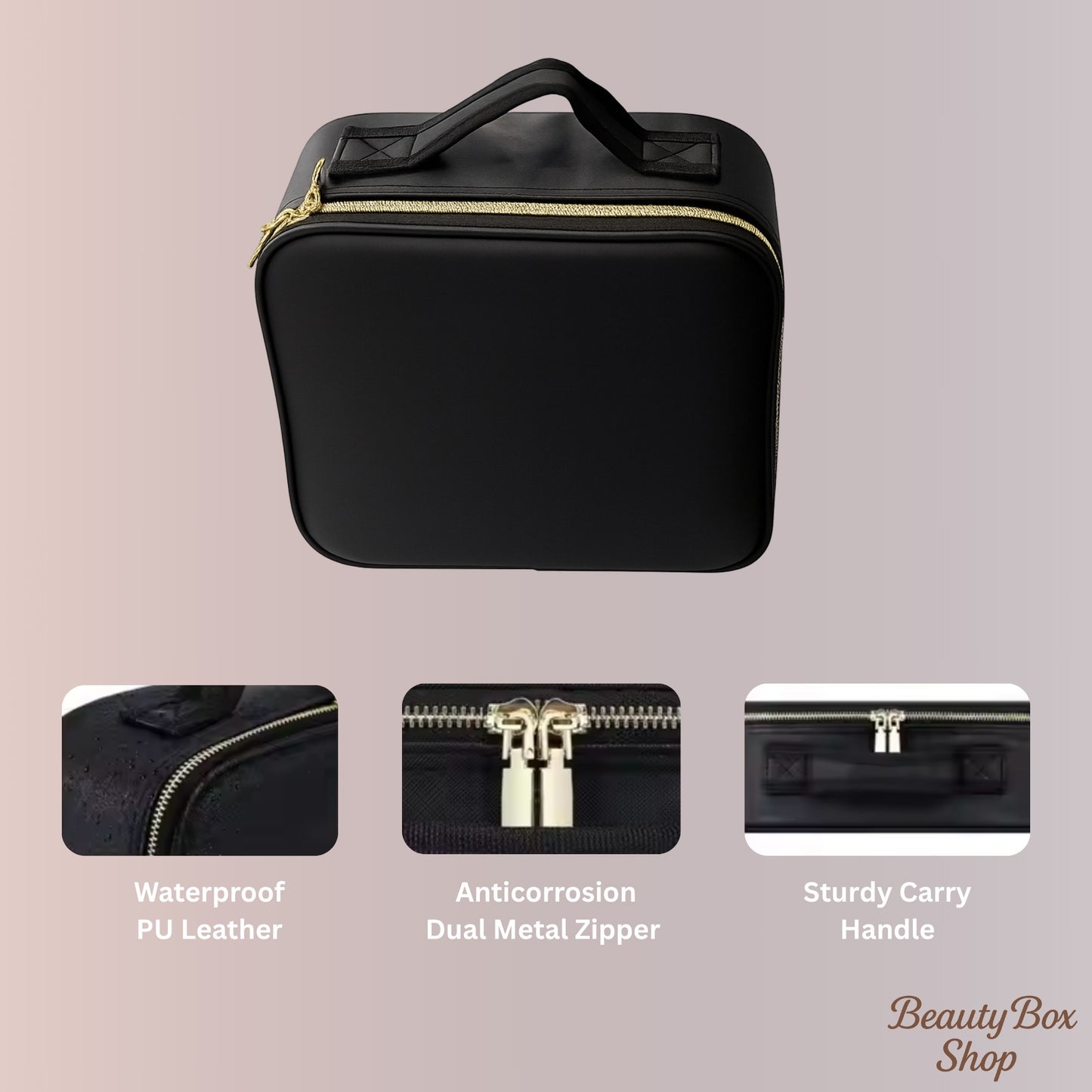LLUMake Black Carry Case - Diagram showing outer shell is waterproof - dual metal zipper is anticorrosion - has a sturdy carry handle - Beauty Box Shop