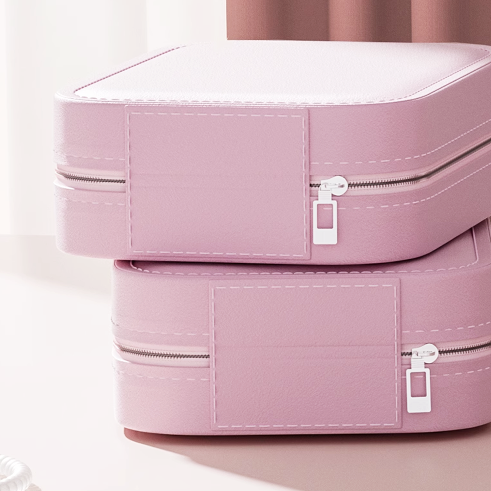 Glow & Go Pink - closeup photo of case closed showing material, stitching & zipper  - Beauty Box Shop