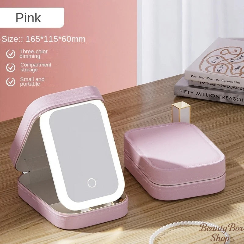 Glow & Go Pink - photo of case closed with another open with LED Lights & dimensions - Beauty Box Shop
