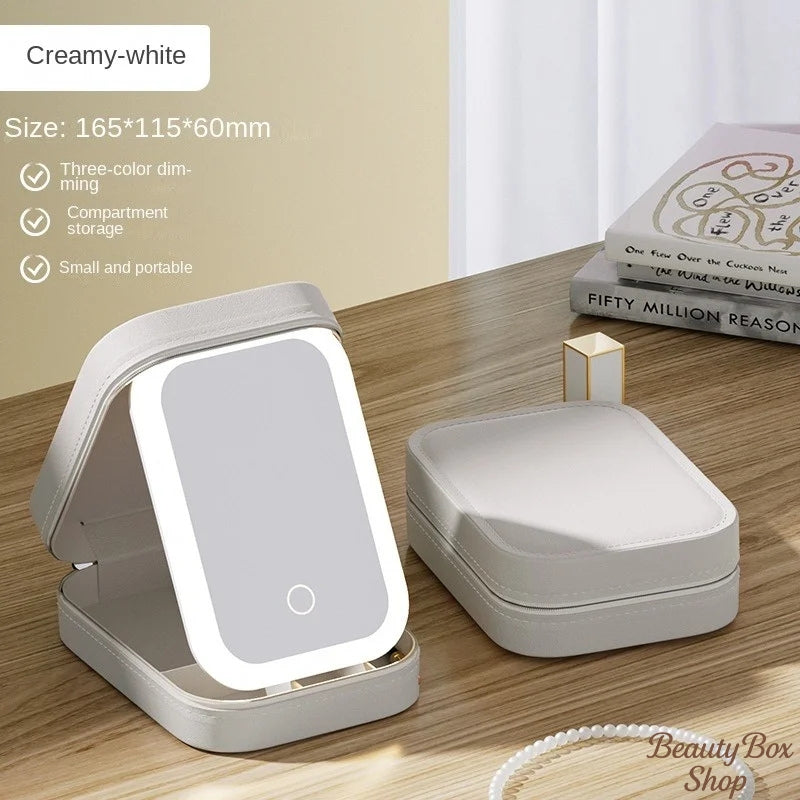 Glow & Go White - photo of case closed with another open with LED Lights & dimensions - Beauty Box Shop
