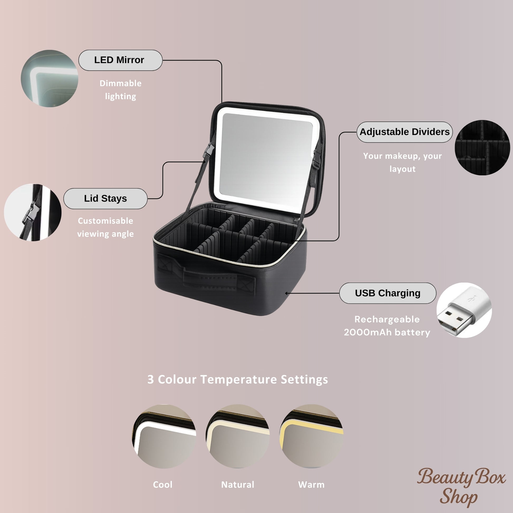 ILLUMake Carry Case - Diagram showing features - LED mirror - Adjustable dividers - USB Charging - Lid stays - Cool, natural, warm LED temperature settings - Beauty Box Shop